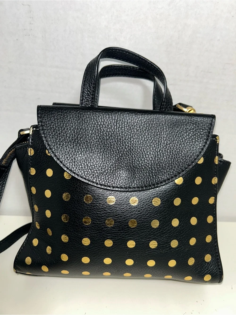 Kate Spade Saturday Black Leather Gold Polka Dot Satchel Crossbody Shoulder Bag